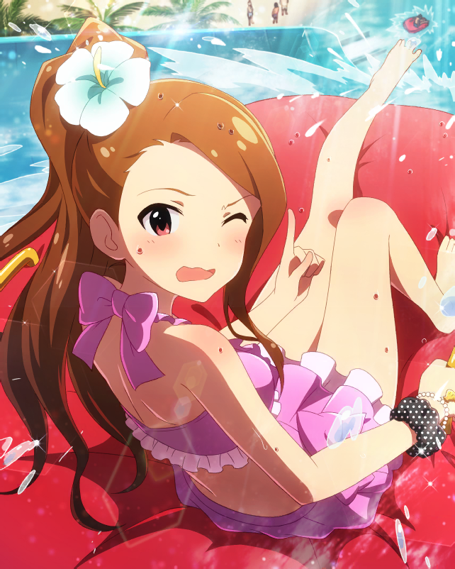 alternate_hairstyle artist_request back bare_shoulders barefoot bikini blush bow bracelet brown_hair day flower frilled_bikini_top frills hair_flower hair_ornament idolmaster idolmaster_(classic) idolmaster_million_live! idolmaster_million_live!_theater_days jewelry long_hair looking_at_viewer minase_iori official_art open_mouth outdoors palm_tree pink_swimsuit pointing polka_dot polka_dot_scrunchie ponytail red_eyes scrunchie sunlight swimsuit tree water_slide wavy_mouth wet wet_hair wince wrist_scrunchie