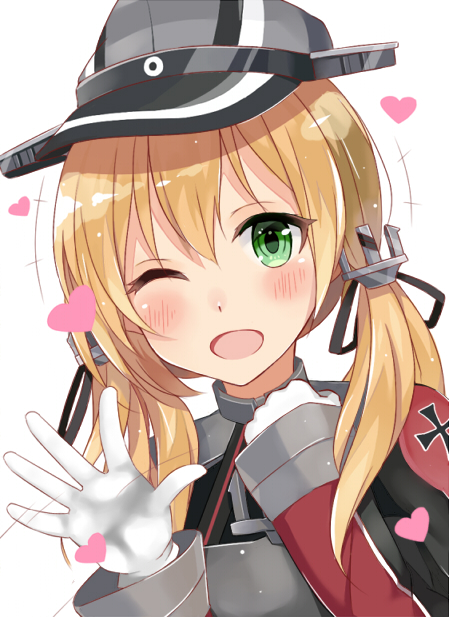 blonde_hair blush eyebrows_visible_through_hair gloves green_eyes heart kantai_collection looking_at_viewer one_eye_closed open_mouth prinz_eugen_(kantai_collection) short_hair short_twintails smile solo twintails white_gloves yukinoshita_(shaonjishi)