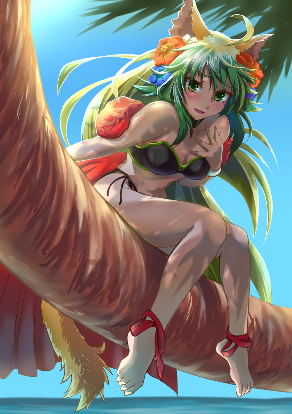 ahoge animal_ears atalanta_(fate) barefoot blush breasts cleavage collarbone eyebrows_visible_through_hair fate/grand_order fate_(series) fox_ears green_hair hand_on_own_chest highres in_tree large_breasts long_hair looking_at_viewer parted_lips sitting sitting_in_tree smile solo tree tree_branch urayama_(backmountain)