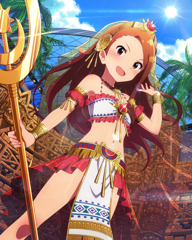 artist_request aztec bare_shoulders blue_sky blush brown_hair cloud collarbone day detached_sleeves holding idolmaster idolmaster_(classic) idolmaster_million_live! idolmaster_million_live!_theater_days jewelry long_hair looking_at_viewer midriff minase_iori navel necklace official_art open_mouth outdoors palm_tree red_eyes sky smile solo staff strapless sun sunlight tree veil wrist_cuffs