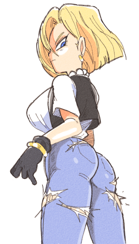 android_18 ass black_gloves blonde_hair blue_eyes bracelet breasts cowboy_shot denim dragon_ball dragon_ball_z earrings gloves inkerton-kun jeans jewelry large_breasts looking_back pants short_hair solo torn_clothes torn_jeans torn_pants tsurime vest white_background