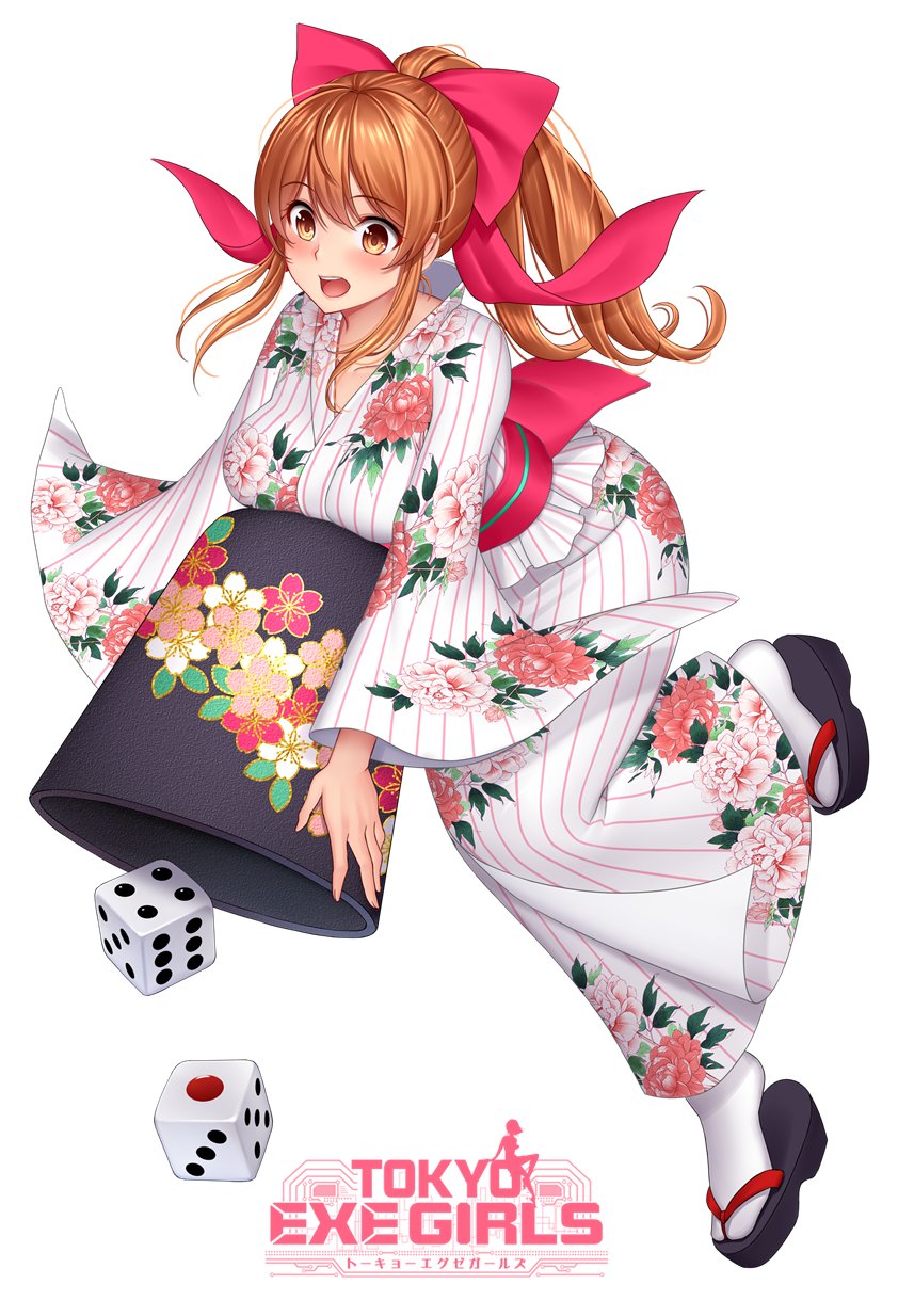 blush bow breasts brown_eyes brown_hair clog_sandals commentary_request dice floral_print full_body hair_bow highres japanese_clothes kimono large_breasts long_hair long_sleeves obi official_art open_mouth ponytail red_bow sash shimashima08123 sidelocks solo tabi tokyo_exe_girls wide_sleeves
