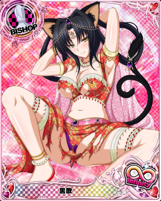 animal_ears armpits bishop_(chess) black_hair bracelet breasts card_(medium) cat_ears cat_tail character_name chess_piece cleavage covered_nipples hair_rings high_school_dxd high_school_dxd_infinity jewelry kuroka_(high_school_dxd) large_breasts multiple_tails navel official_art panties purple_panties smile solo tail torn_clothes trading_card underwear yellow_eyes