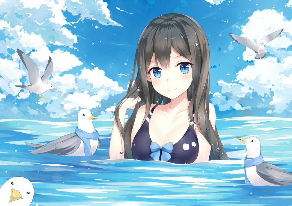 bird black_hair blue_eyes blush breasts cleavage closed_mouth collarbone eyebrows_visible_through_hair large_breasts long_hair looking_at_viewer original partially_submerged seagull smile solo yukinoshita_(shaonjishi)