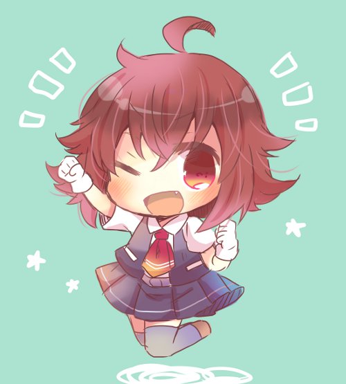 ahoge arashi_(kantai_collection) black_skirt blue_background chibi full_body gloves jumping kantai_collection kouu_hiyoyo neckerchief open_mouth pleated_skirt red_eyes red_hair red_neckwear short_hair simple_background skirt smile solo vest white_gloves