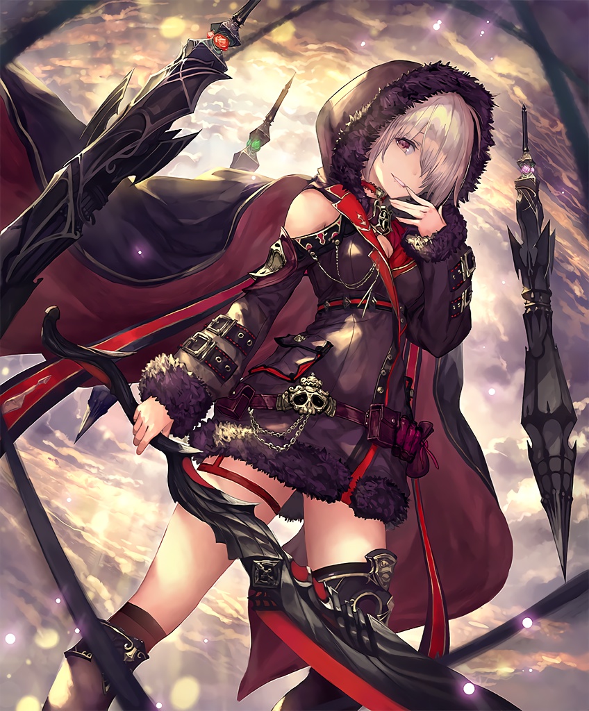 artist_request bare_shoulders boots breasts cape choker cleavage cloud cloudy_sky crystal cygames finger_to_mouth floating floating_object fur_trim grin hair_over_one_eye hood hood_up hoodie medium_breasts official_art shadowverse shingeki_no_bahamut sky smile sword tachikawa_mushimaro thighhighs weapon white_hair wizardess_of_oz yellow_eyes