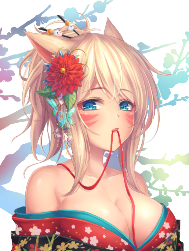 animal_ears blonde_hair blue_eyes breasts cat_ears cleavage collarbone eyebrows_visible_through_hair final_fantasy final_fantasy_xiv flower hair_flower hair_ornament large_breasts looking_at_viewer miqo'te mouth_hold mutsuba_fumi short_hair solo upper_body