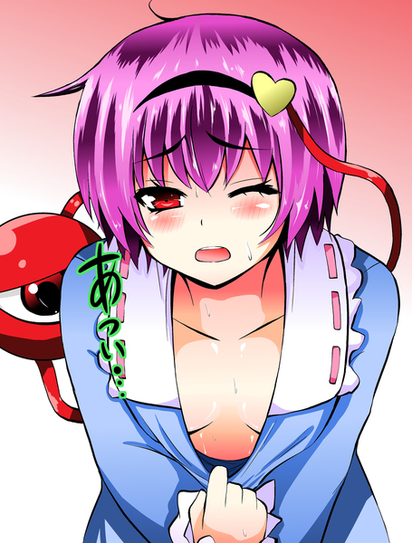 1girl blush bookmoun10 breasts cleavage cleavage_reach downblouse extended_downblouse hairband komeiji_satori no_bra one_eye_closed open_mouth purple_hair red_eyes short_hair solo sweat third_eye touhou