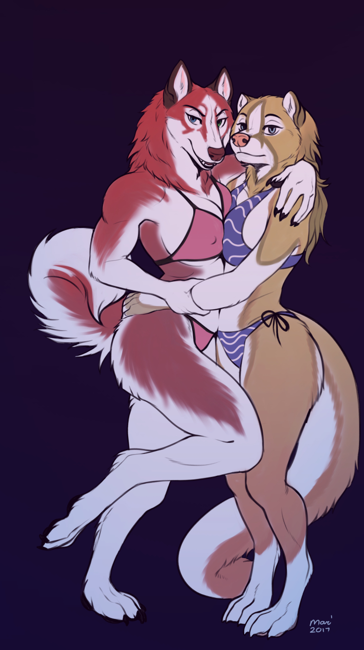 anthro bikini breast_squish breasts canine clothed clothing dog duo embrace female female/female husky looking_at_viewer mammal nipple_bulge omari smile standing swimsuit