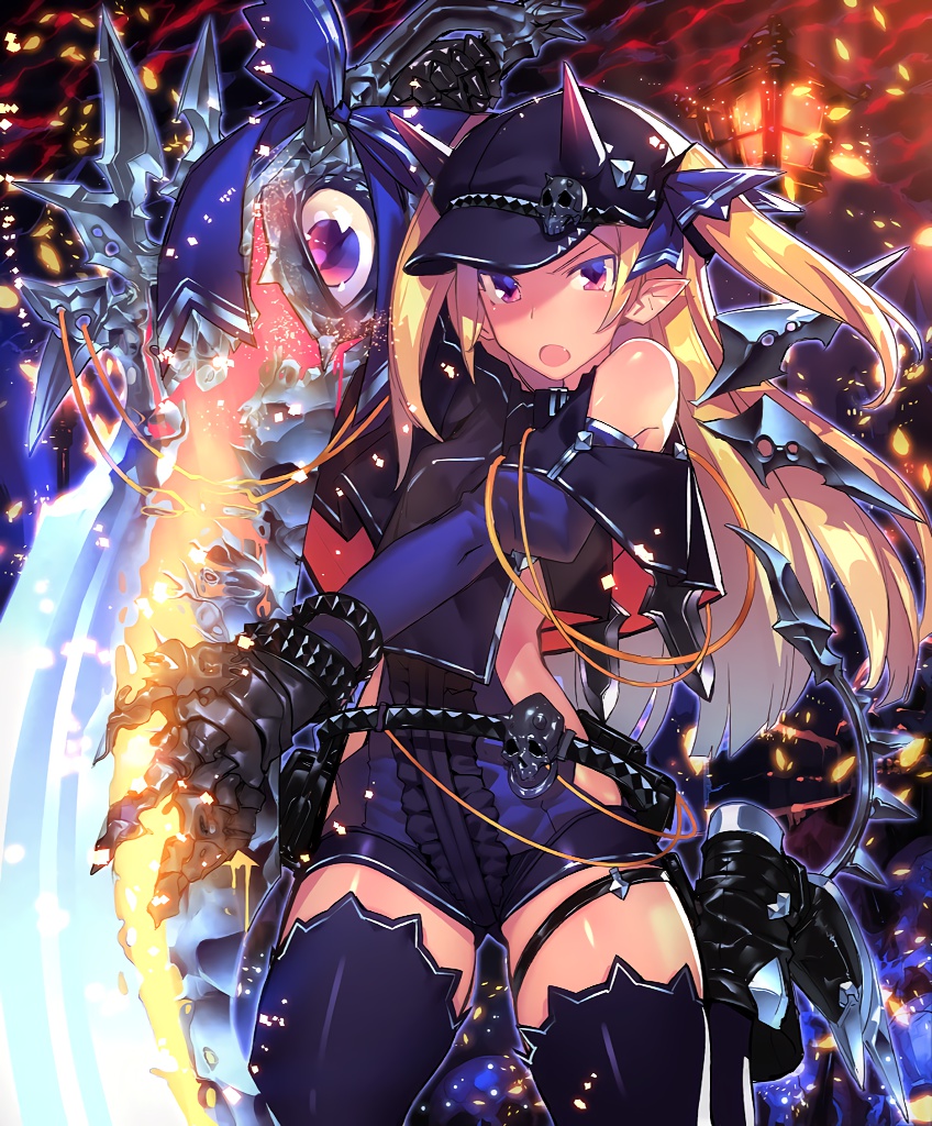 bare_shoulders belt blonde_hair bracelet capelet cygames demon_eater gauntlets glowing glowing_sword glowing_weapon hat horns huge_weapon jewelry lantern long_hair mckeee official_art pointy_ears pointy_shoes puffy_sleeves red_eyes ribbon shadowverse shingeki_no_bahamut shoes skull sword thighhighs weapon