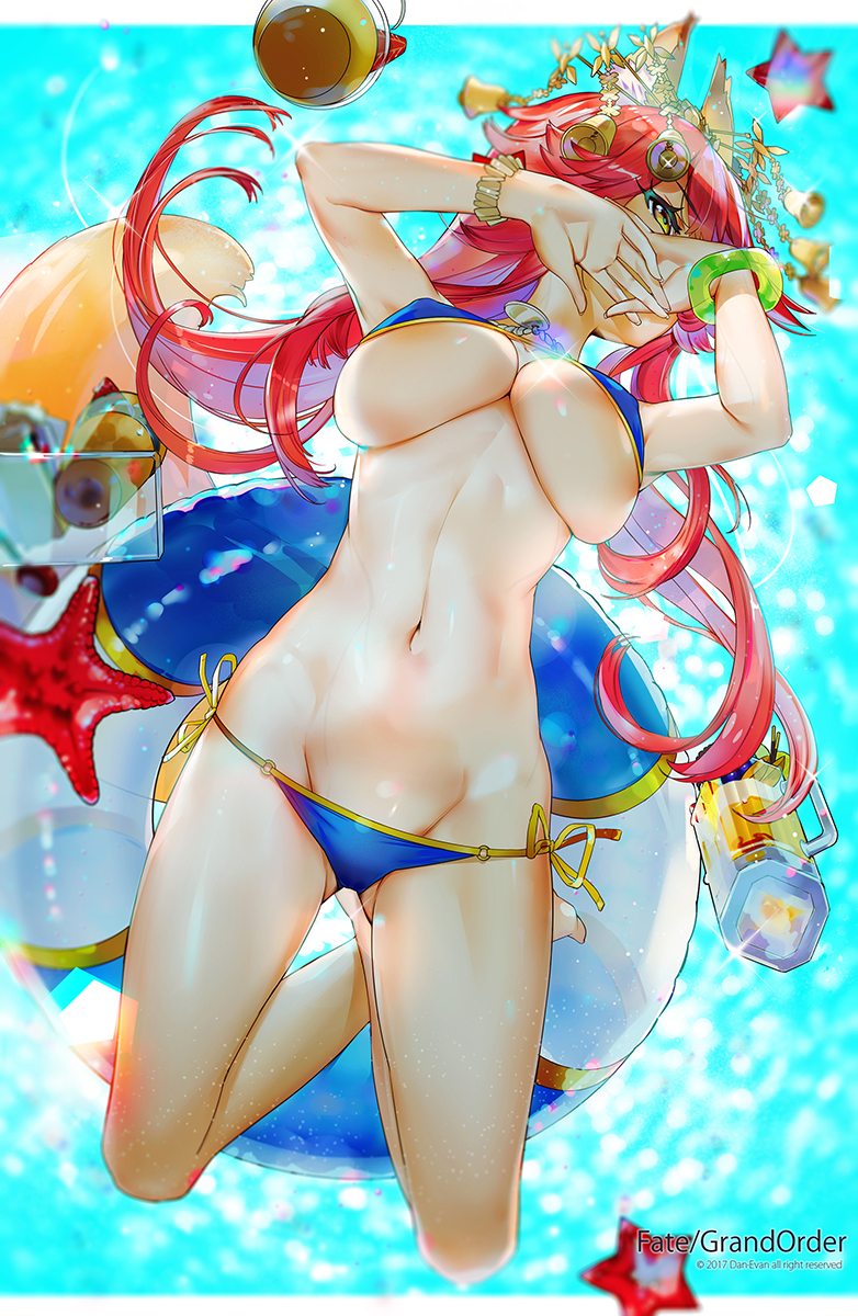 animal_ears artist_name ass_visible_through_thighs bare_legs barefoot bell bikini bikini_pull blue_bikini blurry bracelet breasts brown_eyes cleavage copyright_name crossed_legs depth_of_field drink el-zheng fate/grand_order fate_(series) fox_ears fox_tail from_below glint groin hair_bell hair_ornament highres innertube jewelry large_breasts long_hair looking_away lying navel necklace o-ring o-ring_bikini o-ring_bottom on_stomach own_hands_together pink_hair side-tie_bikini solo sparkle starfish swimsuit tail tamamo_(fate)_(all) tamamo_no_mae_(fate) tamamo_no_mae_(swimsuit_lancer)_(fate) underboob