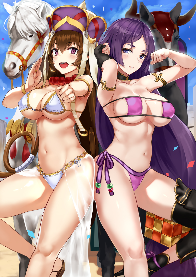 armlet armpits bangle bangs beads bikini black_gloves blue_sky blush bracelet breasts brown_hair choker cleavage cloud cloudy_sky day earrings elbow_gloves eyepatch_bikini fate/grand_order fate_(series) fingerless_gloves gloves gold_trim greaves hands_up hat hips hoop_earrings horse jewelry jirusu large_breasts leg_up legs long_hair looking_at_viewer low-tied_long_hair md5_mismatch minamoto_no_raikou_(fate/grand_order) minamoto_no_raikou_(swimsuit_lancer)_(fate) multiple_girls navel o-ring open_mouth outdoors outstretched_arm parted_bangs parted_lips prayer_beads purple_bikini purple_eyes purple_hair ring sarong side-tie_bikini sideboob single_glove sky smile sunlight swimsuit thighs tied_hair very_long_hair white_bikini xuanzang_(fate/grand_order)