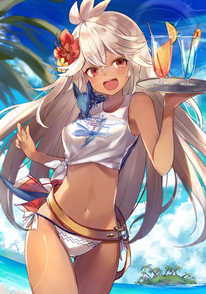 ahoge bare_shoulders beach bikini blush breasts dark_skin day dragon flower granblue_fantasy hair_flower hair_ornament long_hair looking_at_viewer medium_breasts navel open_mouth outdoors plate red_eyes shugao sky smile solo swimsuit white_hair zooey_(granblue_fantasy)