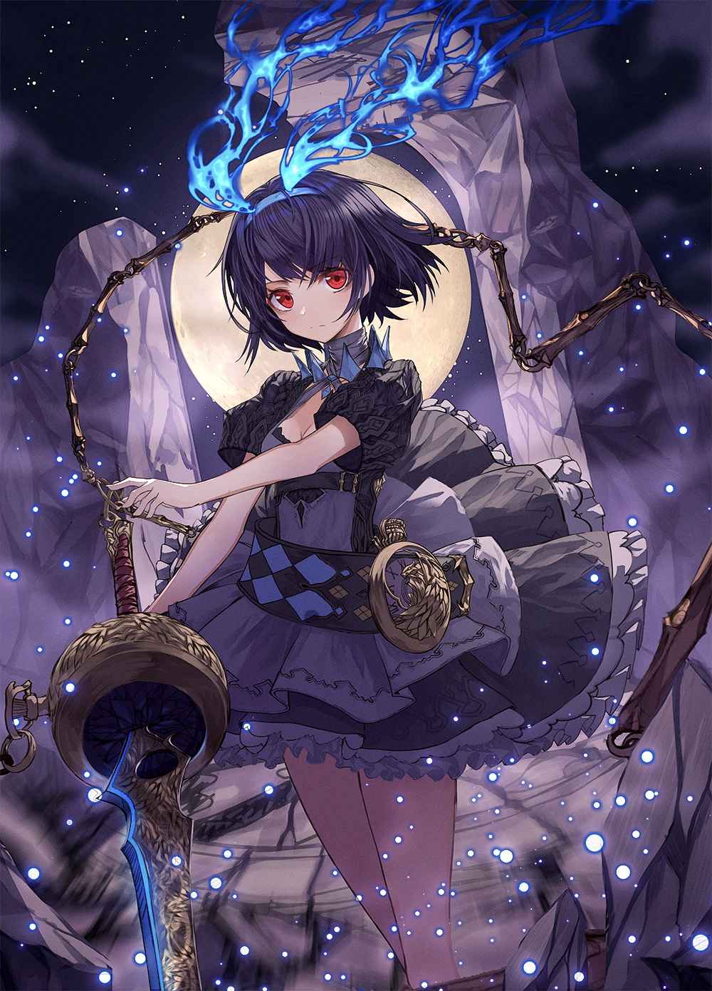 alice_(sinoalice) black_hair breasts chain cleavage closed_mouth eyebrows_visible_through_hair highres large_breasts lo-ta looking_at_viewer red_eyes short_hair sinoalice solo sword weapon