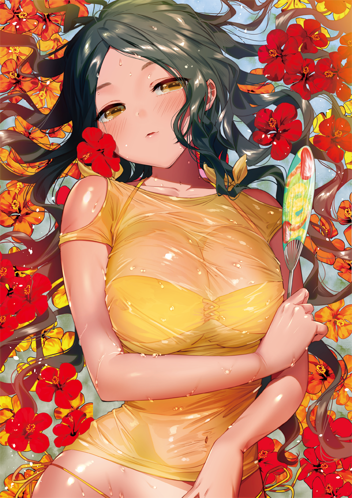 bandeau bangs bare_shoulders black_hair blush breasts brown_eyes cleavage commentary_request covered_navel eyebrows_visible_through_hair fan flower from_above large_breasts light_smile long_hair looking_at_viewer lying lying_on_water navel ogino_atsuki on_back original paper_fan parted_bangs parted_lips see-through shoulder_cutout smile solo uchiwa water wet wet_clothes
