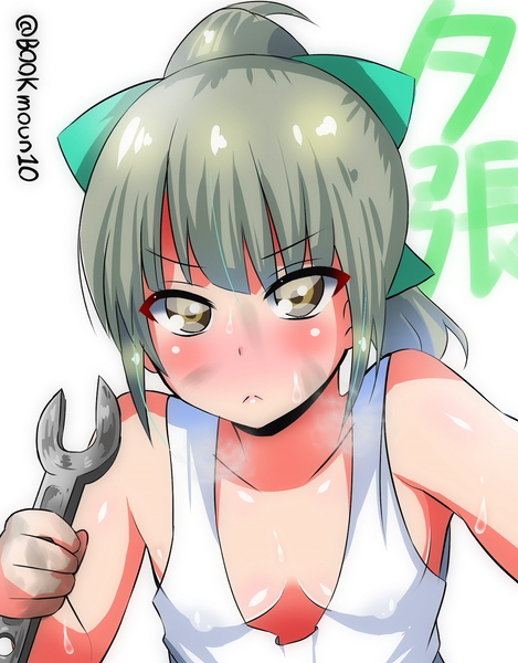10s 1girl angry artist_name bookmoun10 breasts brown_eyes cleavage dirty downblouse erect_nipples frown grey_hair hair_bow kantai_collection looking_at_viewer no_bra ponytail small_breasts solo sweat tsurime upper_body wrench yuubari_(kantai_collection)