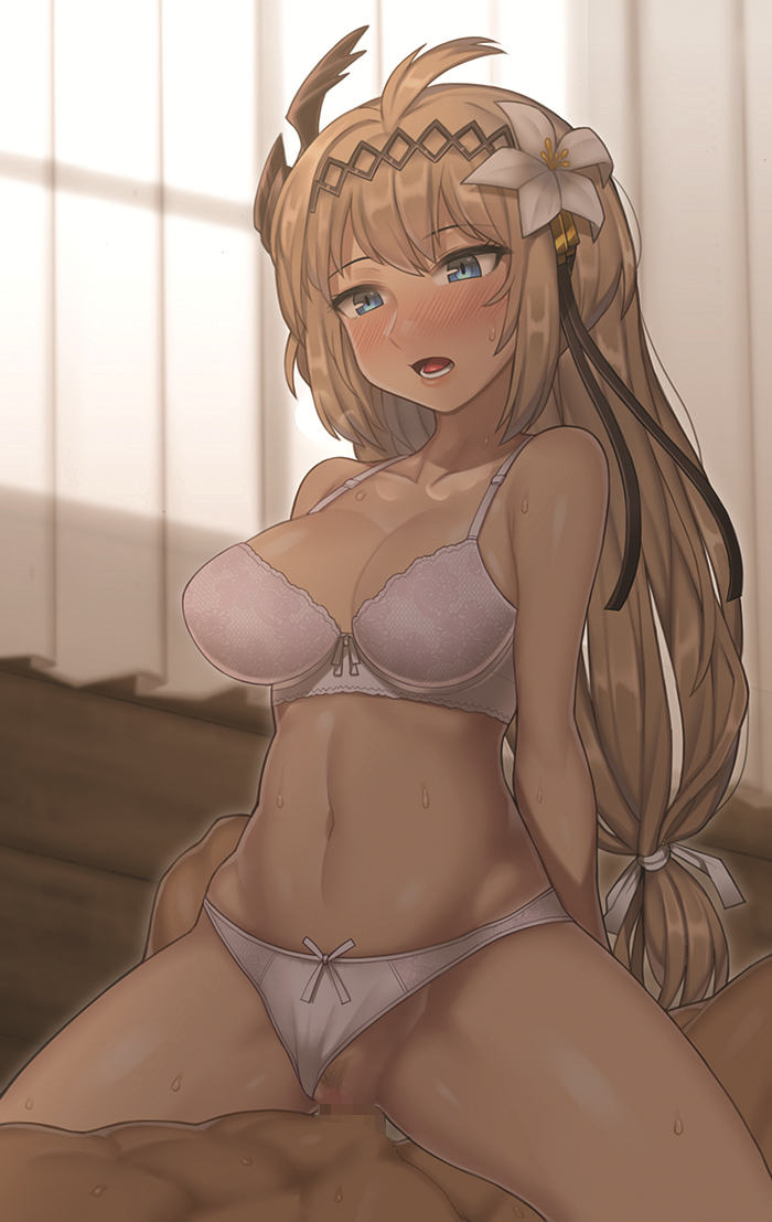 1girl blonde_hair blue_eyes bra breasts censored cowgirl_position curtains girl_on_top granblue_fantasy hair_ornament hairband hetero indoors jeanne_d'arc_(granblue_fantasy) long_hair medium_breasts mosaic_censoring navel nt00 open_mouth panties panties_aside penis pussy sex solo_focus straddling sweat underwear underwear_only vaginal white_bra white_panties window