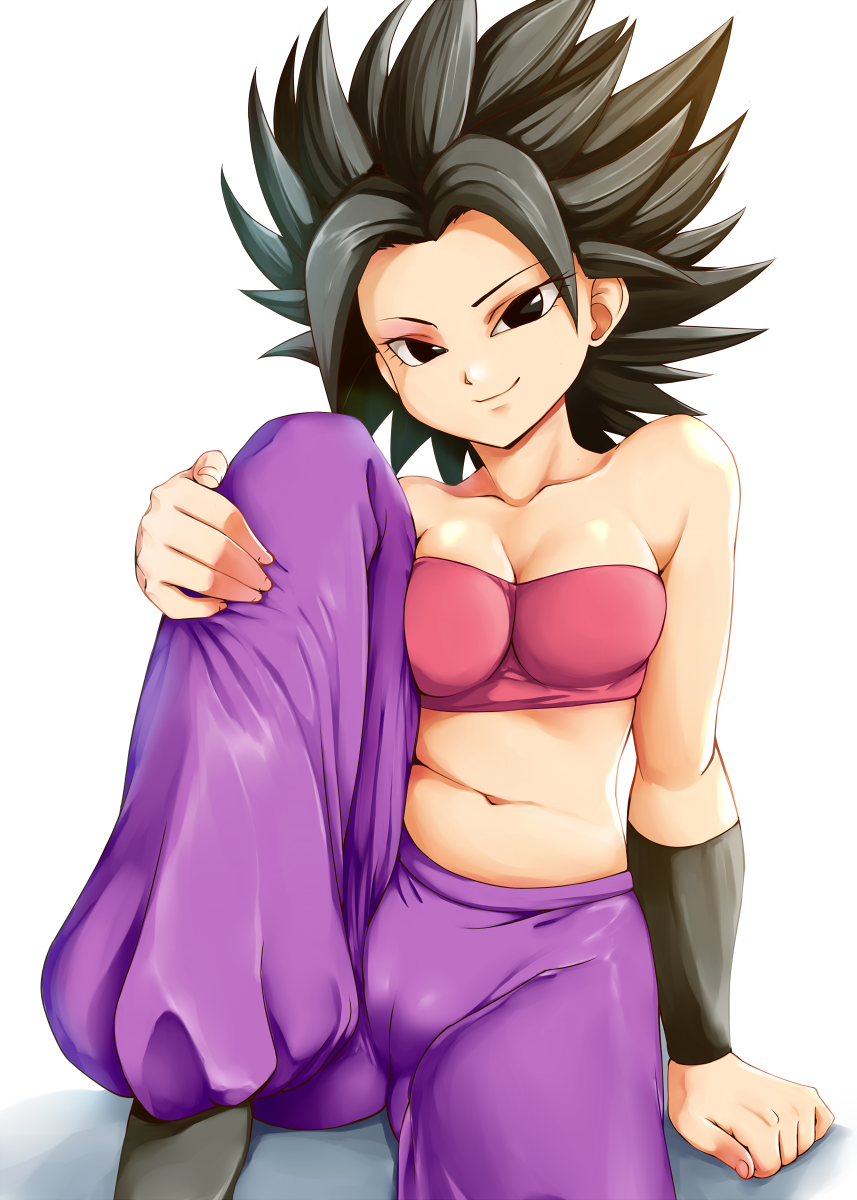 1girl artist_request black_eyes black_hair breasts caulifla dragon_ball dragon_ball_super female looking_at_viewer partially_visible_vulva puffy_nipples shiny_skin sitting smile solo spiked_hair