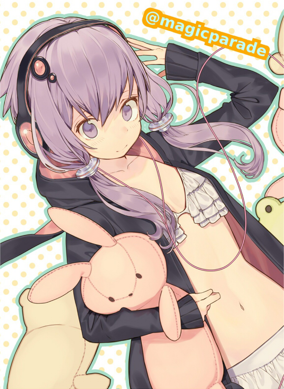 bangs bikini bikini_skirt breasts closed_mouth commentary_request dutch_angle frilled_bikini_top frills hair_between_eyes holding holding_stuffed_animal hood hoodie long_hair looking_at_viewer low_twintails misoni_comi open_clothes open_hoodie polka_dot polka_dot_background purple_eyes purple_hair skirt small_breasts smile solo stuffed_animal stuffed_bunny stuffed_frog stuffed_toy swimsuit twintails twitter_username upper_body vocaloid voiceroid white_bikini white_skirt yuzuki_yukari
