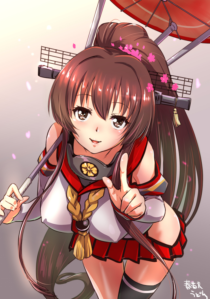artist_name bare_shoulders breasts brown_eyes brown_hair cherry_blossoms collar covered_nipples detached_sleeves hair_between_eyes headgear hip_vent index_finger_raised kantai_collection large_breasts leaning_forward lips long_hair looking_at_viewer miniskirt parted_lips pleated_skirt red_skirt red_umbrella shungikuten single_thighhigh skirt solo thighhighs umbrella very_long_hair yamato_(kantai_collection) z_flag