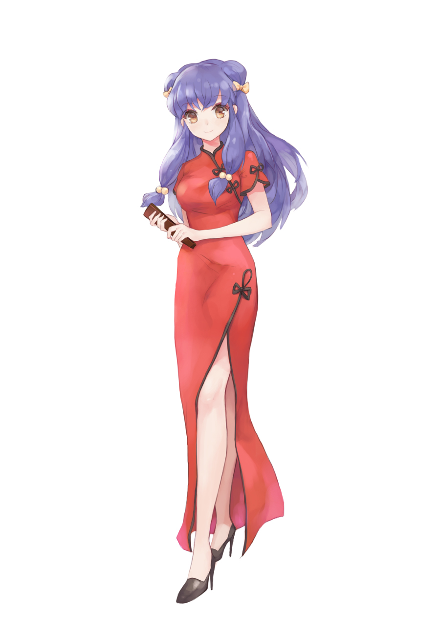 black_footwear bow china_dress chinese_clothes double_bun dress fan full_body hair_bobbles hair_bow hair_ornament high_heels highres holding holding_fan long_hair looking_at_viewer puky purple_eyes purple_hair ranma_1/2 shampoo_(ranma_1/2) shoes short_sleeves side_slit smile solo white_background