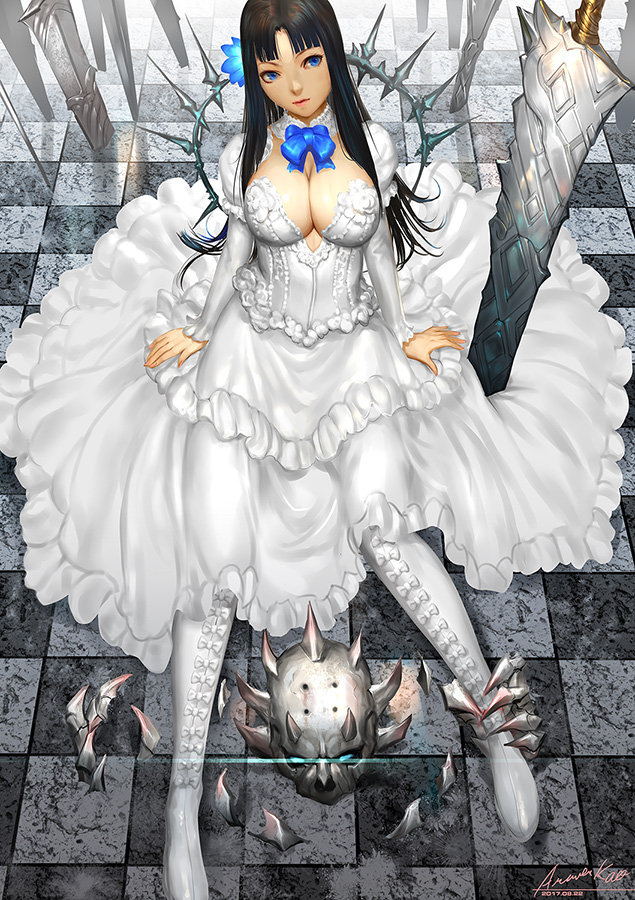 ariverkao black_hair blue_eyes breasts checkered checkered_floor cleavage dated detached_collar dress flower hair_flower hair_ornament large_breasts long_hair monster original signature sitting skeleton solo sword weapon white_dress