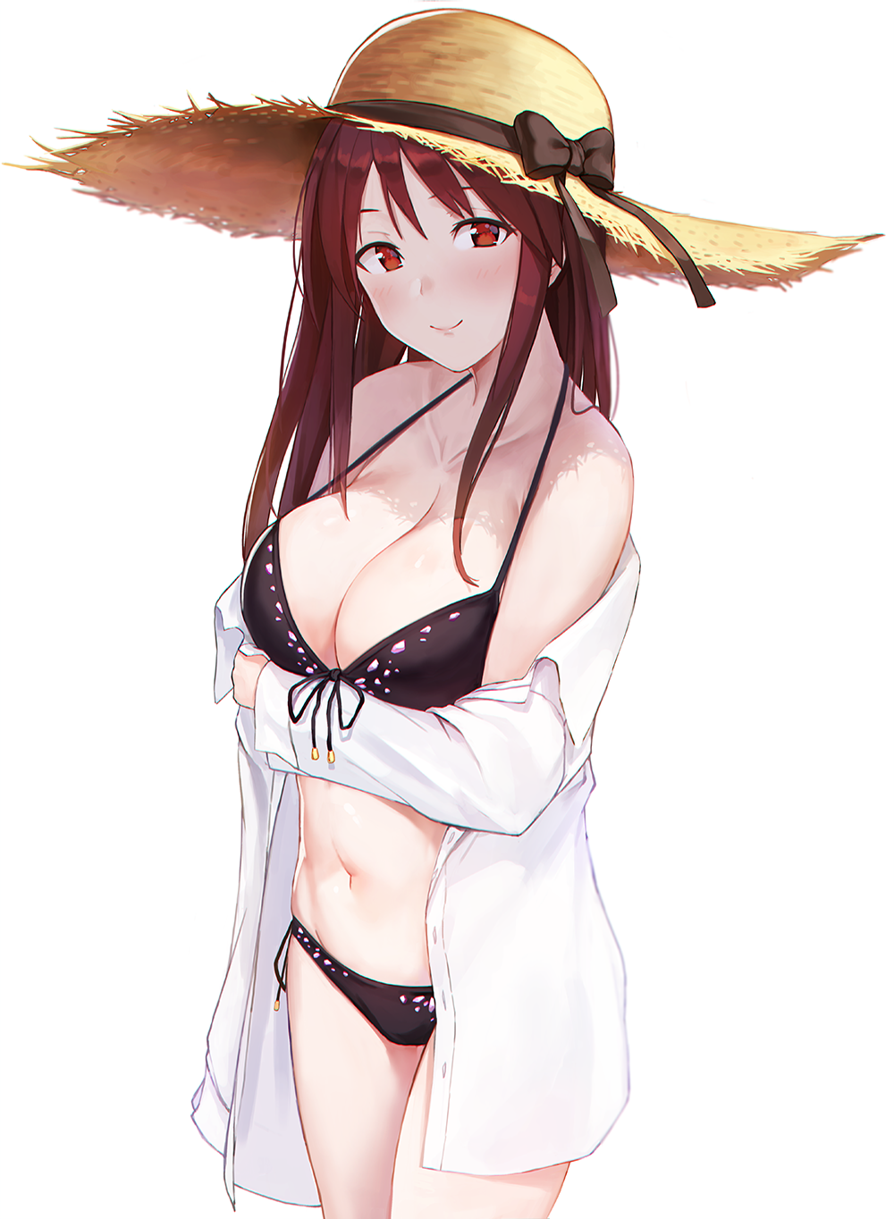 bikini black_bikini blush bow breast_hold breasts cleavage closed_mouth collarbone cowboy_shot deneb_(noble324) front-tie_bikini front-tie_top halterneck hat hat_bow hat_ribbon highres idolmaster idolmaster_cinderella_girls large_breasts long_hair long_sleeves mifune_miyu navel off_shoulder open_clothes open_shirt purple_hair red_eyes ribbon shirt side-tie_bikini sidelocks simple_background smile solo strap_gap straw_hat sun_hat swimsuit undressing white_background