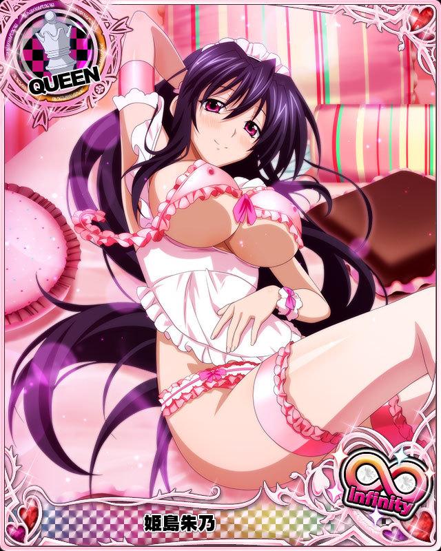 apron black_hair breasts card_(medium) character_name chess_piece cleavage covered_nipples high_school_dxd high_school_dxd_infinity himejima_akeno large_breasts long_hair lying maid_apron maid_headdress official_art on_back pillow purple_eyes queen_(chess) smile solo thighhighs trading_card very_long_hair