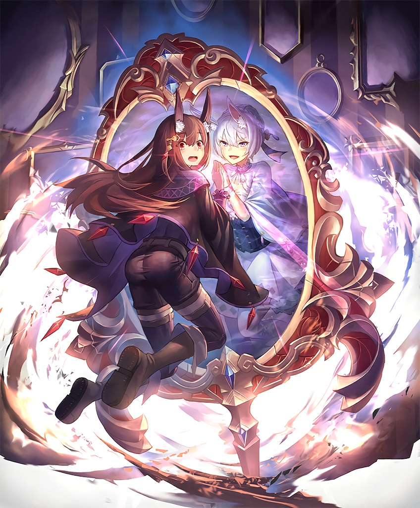 animal_ears artist_request ass brown_hair cape corset cygames different_reflection dual_persona evil_smile eyebrows_visible_through_hair hand_on_mirror long_hair mirror official_art purple_eyes purple_hair reflection scared shadowverse shingeki_no_bahamut short_hair smile