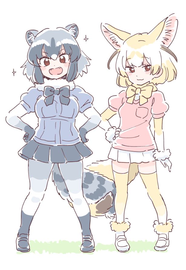 :3 :d animal_ears black_skirt blonde_hair bow bowtie breasts brown_eyes check_commentary commentary_request common_raccoon_(kemono_friends) elbow_gloves fangs fennec_(kemono_friends) fox_ears fox_tail full_body fur_collar fur_trim gloves grey_hair grey_shirt hand_on_hip hands_on_hips intertwined_tails kemono_friends large_breasts legs_apart looking_at_viewer mitsumoto_jouji multicolored_hair multiple_girls open_mouth pantyhose pink_shirt puffy_short_sleeves puffy_sleeves raccoon_ears raccoon_tail shirt short_hair short_sleeves simple_background skirt small_breasts smile tail thighhighs v-shaped_eyebrows white_background white_hair white_skirt yellow_legwear