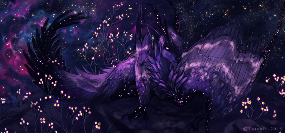 2015 ambiguous_gender detailed_background dragon feathered_wings feathers feral hair night outside purple_feathers purple_hair purple_theme sky star starry_sky tatchit wings