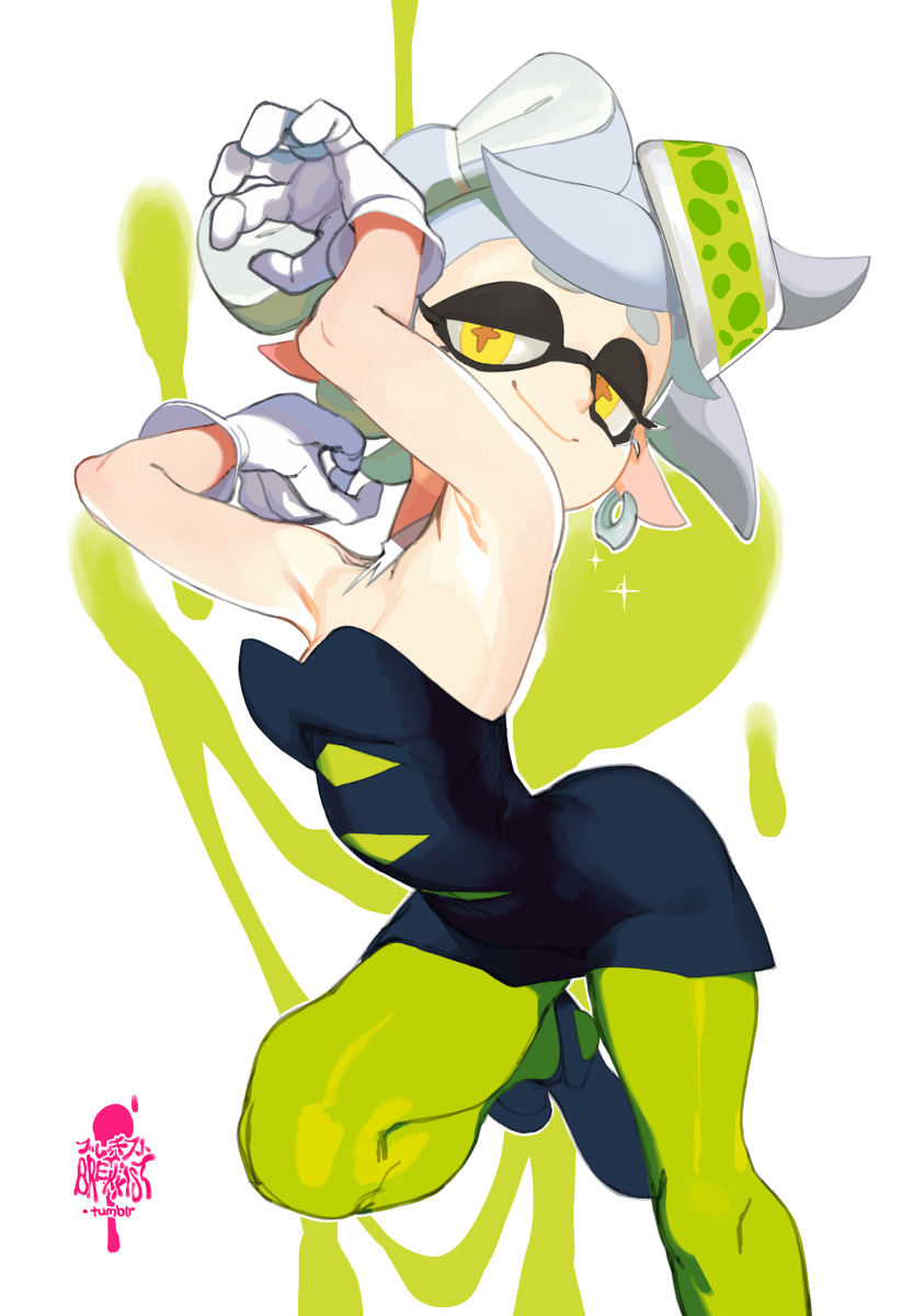 +_+ 1girl ankle_boots armpits arms_up artist_name black_boots black_dress boots brekkist detached_collar domino_mask dress earrings eyebrows eyes gloves green_legwear grey_hair hair_accessory half-closed_eyes hotaru_(splatoon) jewelry knees_up looking_at_viewer mask object_on_head paint_splatter pointy_ears short_dress short_eyebrows short_hair simple_background sleeveless smile solo splatoon standing sushi tentacle_hair white_background white_gloves yellow_eyes
