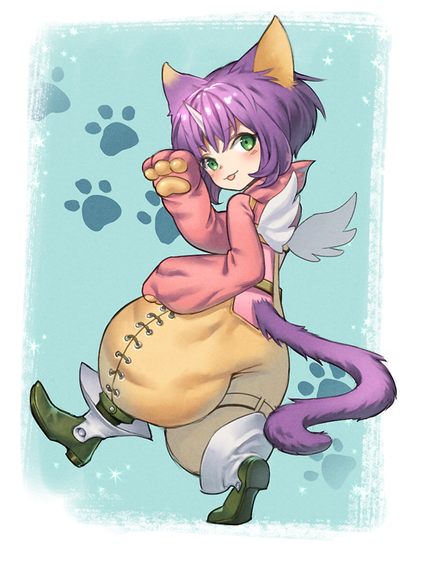 :3 :p animal_ears bangs blush boots commentary_request eiko_carol eyebrows_visible_through_hair final_fantasy final_fantasy_ix green_eyes green_footwear horn kemonomimi_mode looking_back paw_print purple_hair short_hair solo tail tongue tongue_out uboar wings