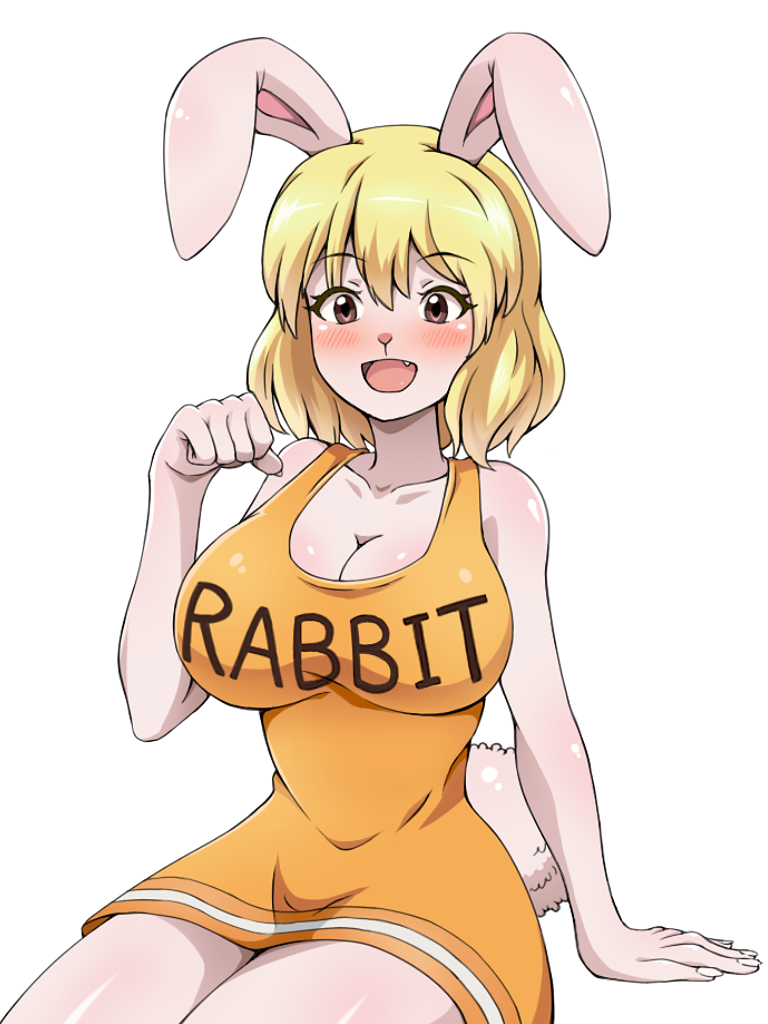 animal_ears blonde_hair breasts brown_eyes bunny_ears bunny_tail carrot_(one_piece) cleavage clothes_writing dress fang furry large_breasts monster_girl one_piece orange_dress paw_pose rabbit_girl short_hair sitting solo tail wokuni