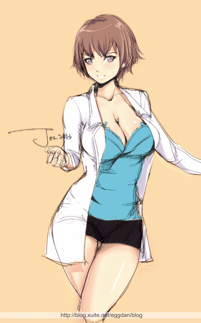 blush breasts brown_hair cleavage commentary_request crossed_legs labcoat large_breasts original relaxjon short_hair sketch solo tan_background thigh_gap watermark web_address