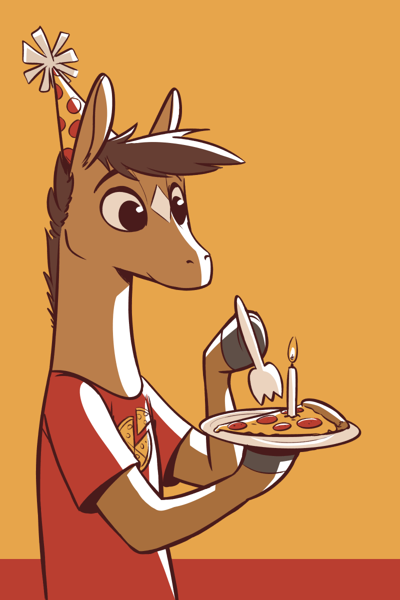 2017 anthro candle clothed clothing disney equine fan_character fire food fuel_(artist) hat hi_res holding_object hooves horse male mammal orange_background party_hat pizza pizzacolt plate simple_background solo spork zootopia