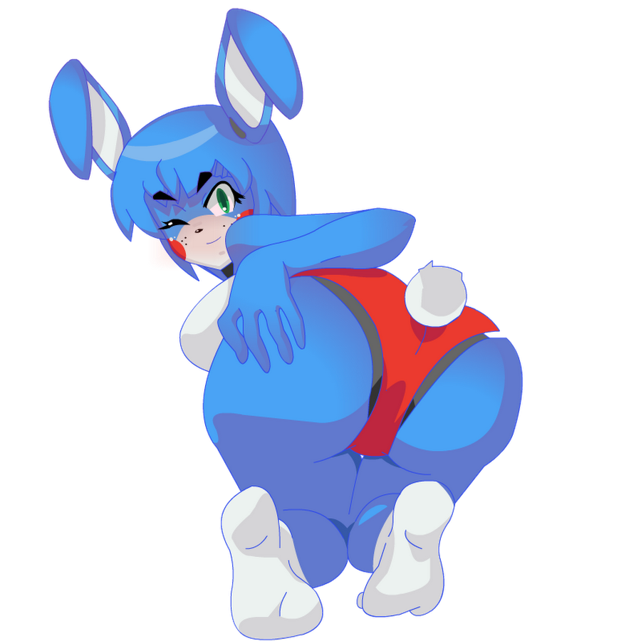 1girl animal_ears ass blue_hair blue_skin blush blush_stickers bunny bunny_ears bunny_tail eyelashes five_nights_at_freddy's five_nights_at_freddy's_2 green_eyes looking_at_viewer looking_back mairusu-paua pose robot short_hair sideboob simple_background smile socks tail touching toy_bonnie