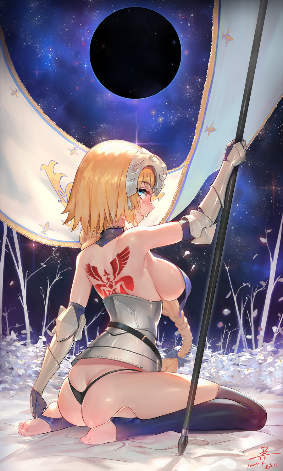 arm_up armor ass back_tattoo bare_shoulders barefoot black_panties blonde_hair blue_eyes bow braid breasts detached_collar duan_henglong eclipse elbow_gloves fate/apocrypha fate_(series) feet flag from_behind full_body gauntlets gloves hair_bow headpiece highres jeanne_d'arc_(fate) jeanne_d'arc_(fate)_(all) large_breasts long_hair looking_at_viewer looking_back navy_blue_legwear panties parted_lips profile sideboob single_braid sitting solar_eclipse soles solo stirrup_legwear string_panties tattoo thighhighs toeless_legwear underbust underwear very_long_hair wariza