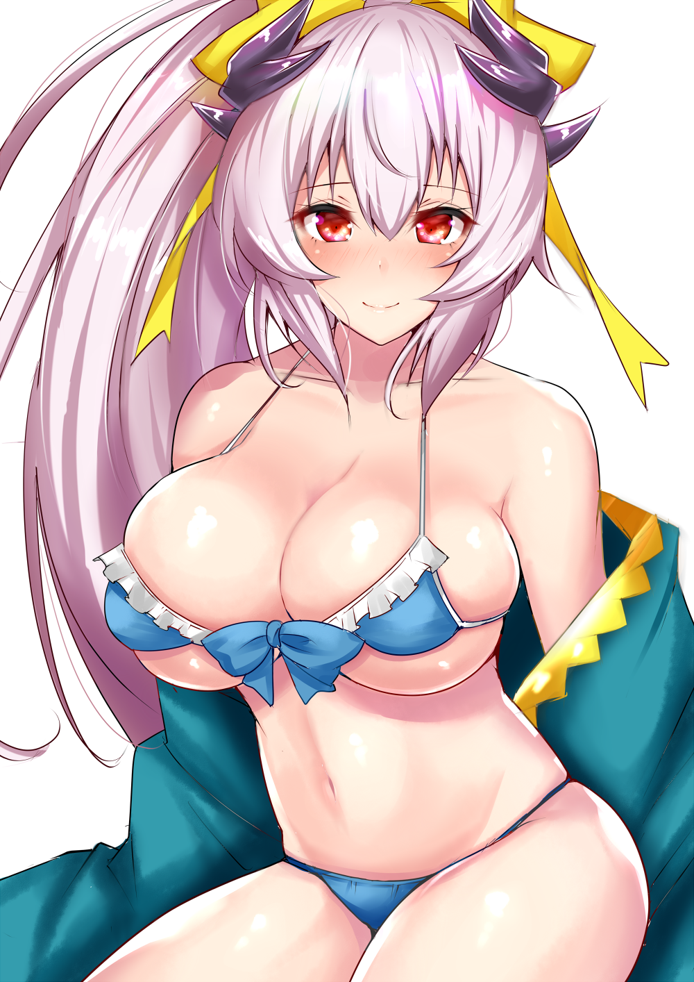 bare_shoulders bikini blue_bikini blue_bow blush bow breasts cleavage collarbone commentary_request fate/grand_order fate_(series) frilled_bikini_top frills green_kimono hair_ribbon highres hips horns japanese_clothes kimono kiyohime_(fate/grand_order) kiyohime_(swimsuit_lancer)_(fate) large_breasts long_hair navel off_shoulder ponytail red_eyes ribbon sankakusui shiny shiny_skin silver_hair simple_background skindentation smile solo swimsuit thighs very_long_hair white_background yellow_ribbon