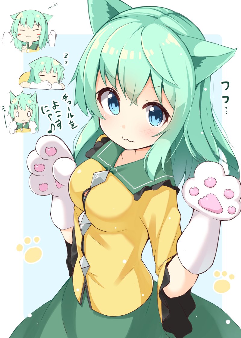 :3 animal_ears bangs blue_eyes blush breasts cat_ears chin_tickle commentary_request cowboy_shot frilled_shirt_collar frilled_sleeves frills gloves green_hair green_skirt kemonomimi_mode komeiji_koishi long_hair looking_at_viewer no_hat no_headwear ominaeshi_(takenoko) paw_gloves paws shirt skirt small_breasts solo touhou translation_request v-shaped_eyebrows wide_sleeves yellow_shirt zzz