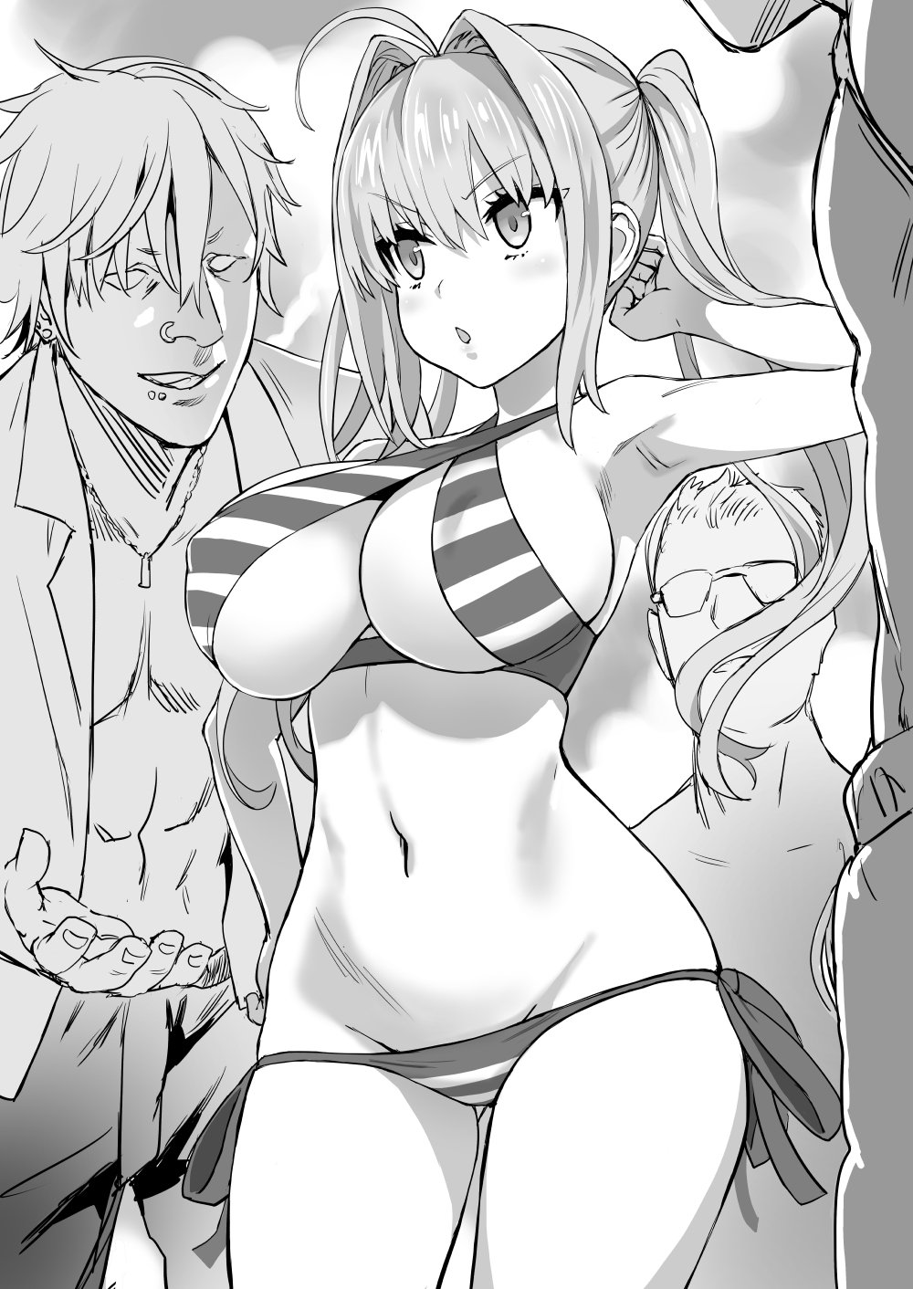 3boys :o ahoge arm_up armpits asanagi ass_visible_through_thighs bikini breasts chestnut_mouth cleavage commentary_request cowboy_shot criss-cross_halter fate/grand_order fate_(series) glasses greyscale hair_intakes halterneck hand_on_hip hetero highres large_breasts lip_piercing lowleg lowleg_bikini monochrome multiple_boys navel nero_claudius_(fate)_(all) nero_claudius_(swimsuit_caster)_(fate) nose_piercing open_mouth piercing side-tie_bikini striped striped_bikini swimsuit twintails v-shaped_eyebrows
