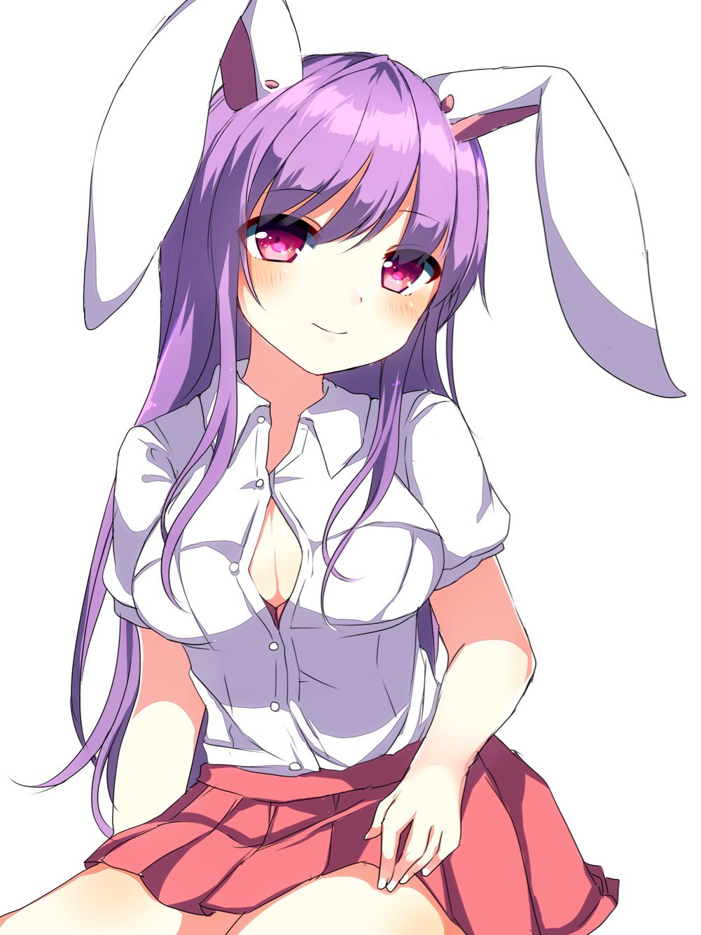 animal_ears bangs blush breasts bunny_ears cleavage closed_mouth collared_shirt cowboy_shot eyebrows_visible_through_hair highres karasusou_nano long_hair looking_at_viewer medium_breasts partially_unbuttoned pink_eyes pleated_skirt purple_hair red_skirt reisen_udongein_inaba shirt short_sleeves sidelocks simple_background skirt smile solo touhou white_background white_shirt