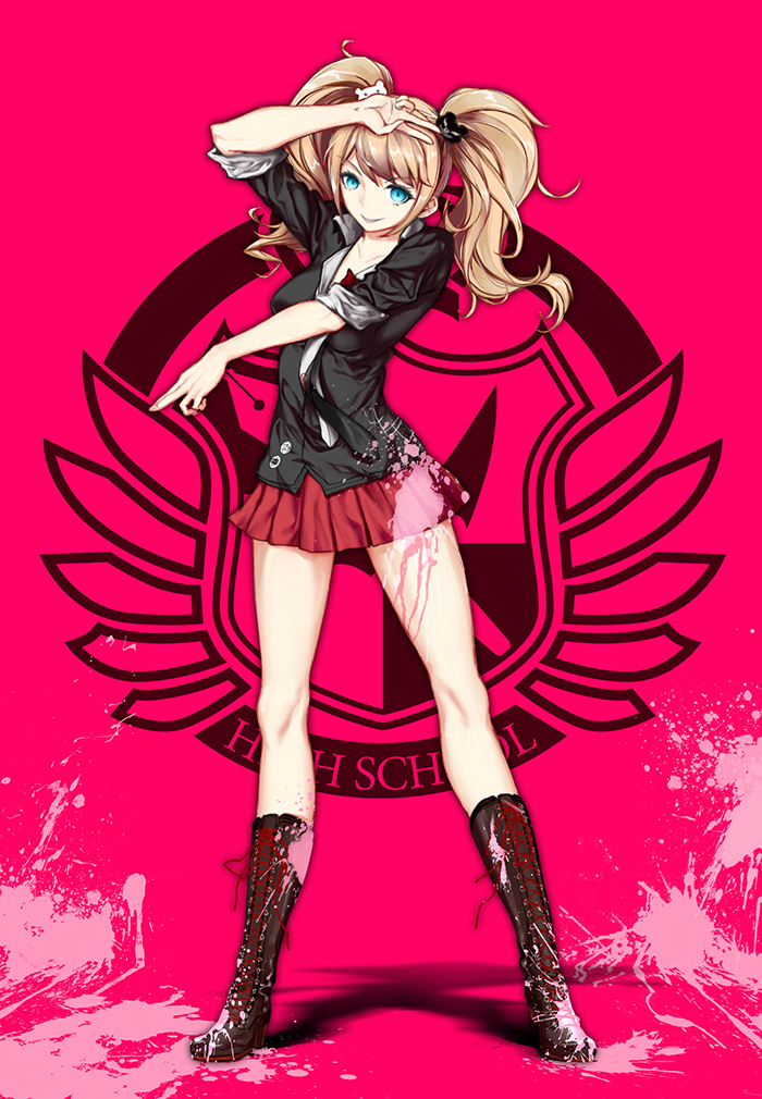 arm_up bear_hair_ornament black_shirt blood bloody_clothes blue_eyes boots brown_footwear brown_hair collarbone cross-laced_footwear danganronpa danganronpa_1 enoshima_junko hair_ornament lace-up_boots long_hair looking_at_viewer miniskirt necktie pleated_skirt pourpre red_background red_skirt shirt skirt smile solo spoilers twintails