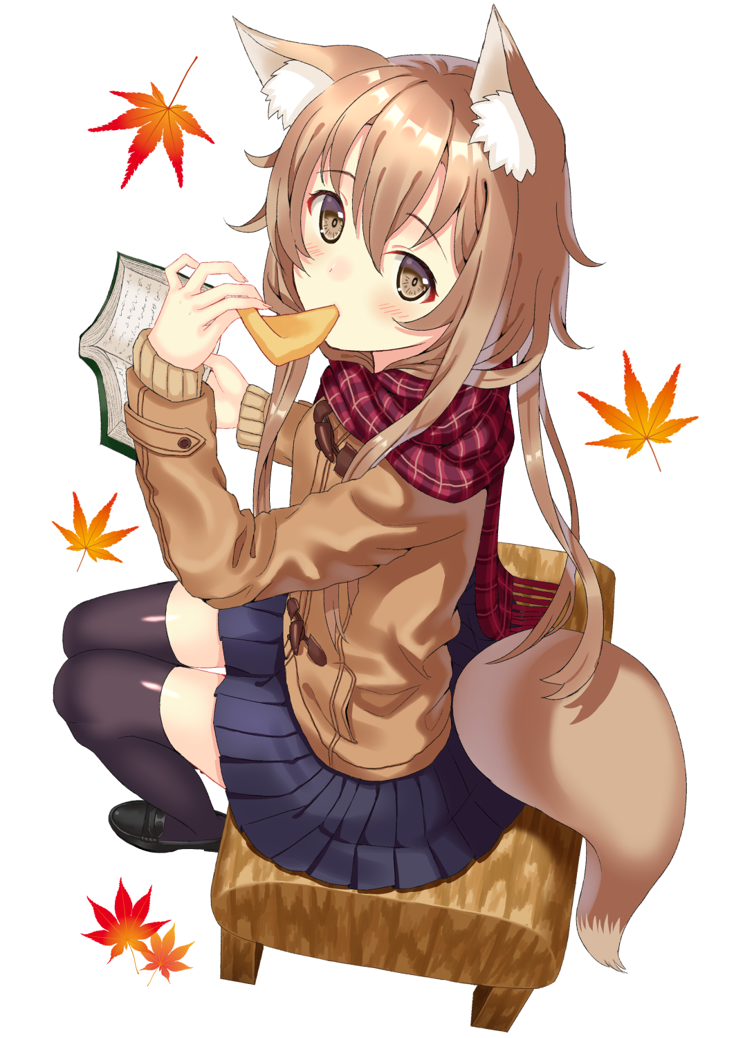 aburaage animal_ears bangs black_footwear black_legwear blue_skirt blush book closed_mouth commentary_request duffel_coat eating eyebrows_visible_through_hair food fox_ears fox_girl fox_tail fringe_trim from_above from_side hair_between_eyes hand_up highres holding holding_book holding_food leaf legs_together loafers long_hair looking_at_viewer maple_leaf open_book original plaid plaid_scarf pleated_skirt purple_scarf scarf shoes sidelocks simple_background sitting skirt solo tail thighhighs tofu toujou_mina white_background