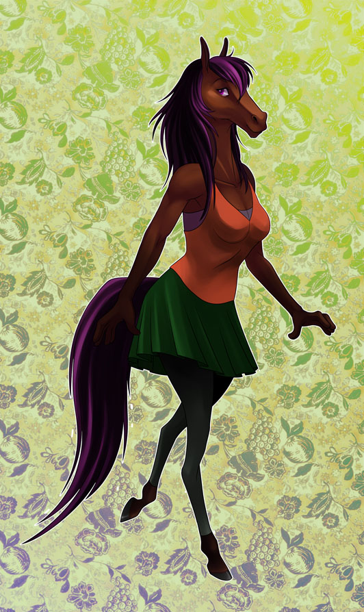 2011 5_fingers anthro biped black_hooves brown_fur chunksthemighty clothed clothing digital_media_(artwork) equine female front_view full-length_portrait fully_clothed fur green_bottomwear green_clothing green_skirt hair hooves horse humanoid_hands idlewild legwear long_hair long_tail looking_at_viewer mammal orange_clothing orange_shirt orange_topwear pantyhose pattern_background portrait purple_eyes purple_hair purple_tail shirt simple_background skirt snout solo standing tank_top