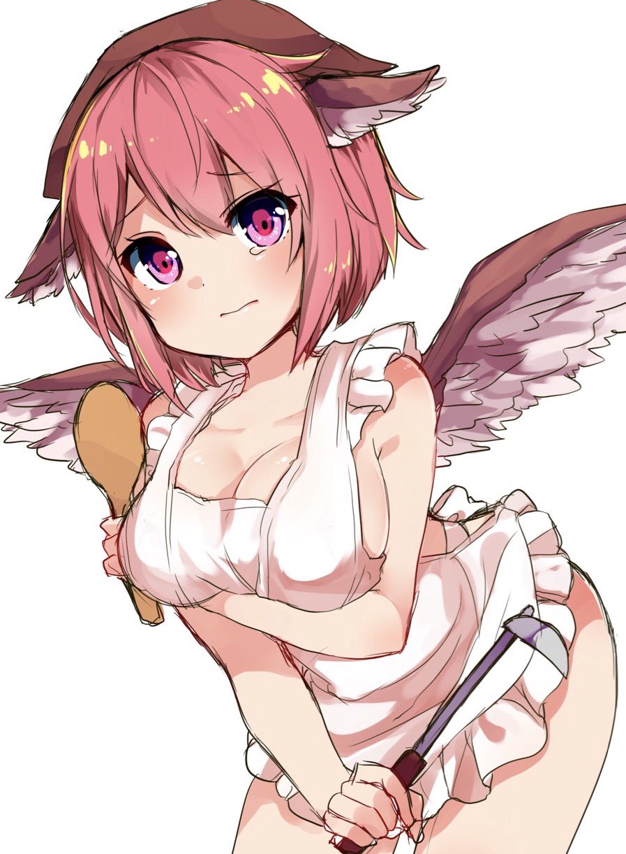 animal_ears apron bangs bare_arms blush breast_hold breasts cleavage commentary_request cowboy_shot eyebrows_visible_through_hair head_scarf highres holding karasusou_nano ladle large_breasts looking_at_viewer mystia_lorelei naked_apron pink_eyes pink_hair short_hair simple_background solo tears touhou white_background wings