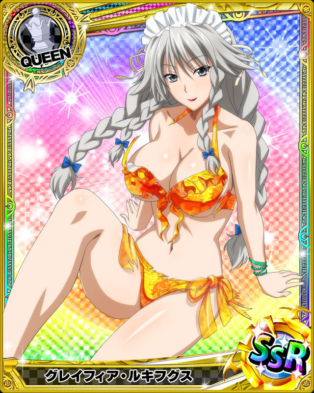 artist_request bracelet braid breasts card_(medium) character_name chess_piece covered_nipples grayfia_lucifuge grey_eyes high_school_dxd jewelry large_breasts lipstick maid_headdress makeup midriff official_art queen_(chess) red_lipstick silver_hair swimsuit torn_clothes torn_swimsuit trading_card twin_braids
