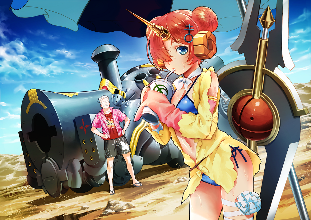 1girl armlet bandages beach_umbrella bikini blue_bikini blue_eyes blue_sky bow charles_babbage_(fate/grand_order) cloud commentary_request day desert double_bun drinking drinking_straw fate/apocrypha fate/grand_order fate_(series) frankenstein's_monster_(fate) frankenstein's_monster_(swimsuit_saber)_(fate) glasses ground_vehicle hair_ornament hair_over_one_eye hands_on_hips horn james_moriarty_(fate/grand_order) jewelry looking_at_viewer navel necklace old_man pink_hair sand sandals short_hair shorts side-tie_bikini sky sweat swimsuit sword train umbrella weapon yorozu