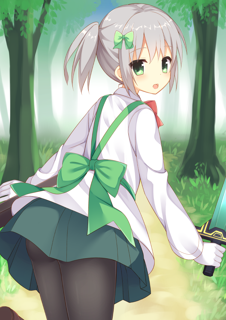 apron bangs black_legwear blue_sky bow bowtie brown_footwear collared_shirt commentary_request day forest from_behind gloves green_apron green_bow green_eyes green_skirt grey_hair hair_between_eyes hair_bow holding holding_sword holding_weapon long_sleeves looking_at_viewer looking_back nature original outdoors pantyhose path pleated_skirt red_bow red_neckwear road scabbard sheath shirt shoes side_ponytail sidelocks skirt sky solo standing standing_on_one_leg sword tareme tree usagino_suzu weapon white_gloves white_shirt