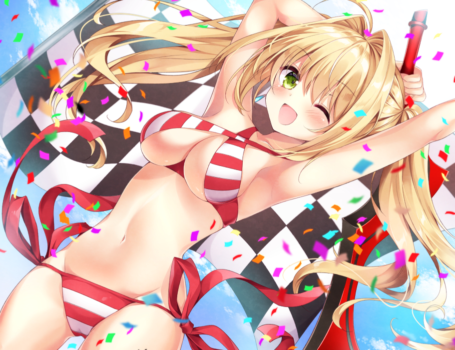 ;d aestus_estus ahoge armpits arms_up bangs bikini blonde_hair blue_sky blurry blush breasts checkered checkered_flag cleavage cloud cloudy_sky commentary_request confetti criss-cross_halter day depth_of_field dutch_angle eyebrows_visible_through_hair fate/grand_order fate_(series) flag floating_hair green_eyes hair_between_eyes hair_intakes halter_top halterneck holding holding_sword holding_weapon large_breasts long_hair looking_at_viewer navel nero_claudius_(fate)_(all) nero_claudius_(swimsuit_caster)_(fate) nogi_takayoshi one_eye_closed open_mouth outdoors red_bikini side-tie_bikini sky smile solo striped striped_bikini swimsuit sword thighs tsurime twintails weapon